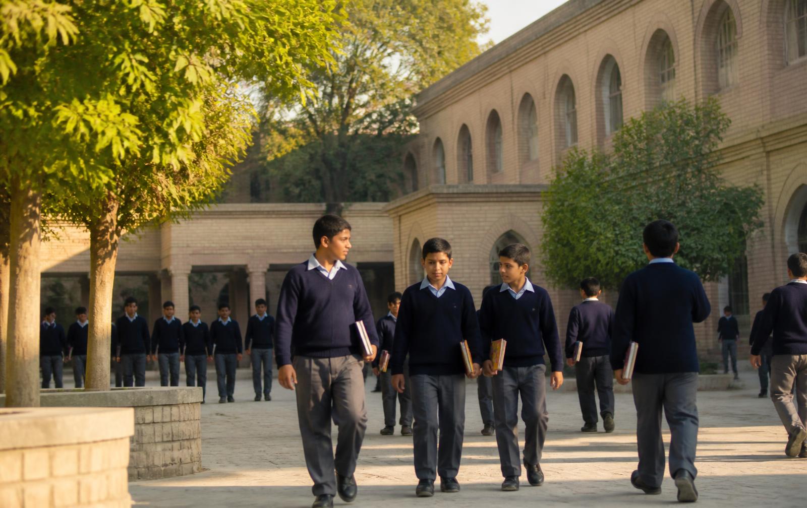 Students of IBS Model School walking through the campus courtyard in Peshawar